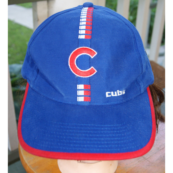 VTG Chicago Cubs Logo 7 Strapback Hat Cap Blue Rare Design Racing Stripe - Picture 1 of 8